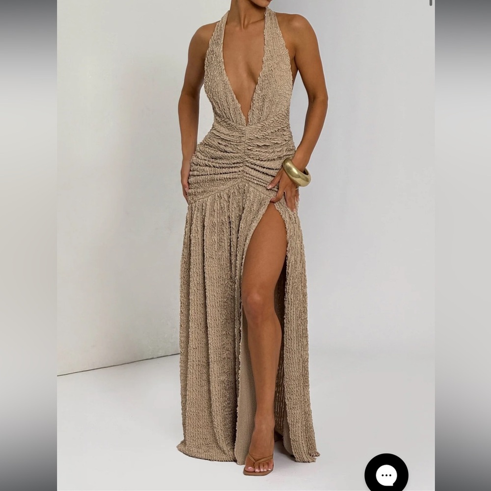 MINERVA MAXI DRESS - BEIGE  (worn once for 4hrs)